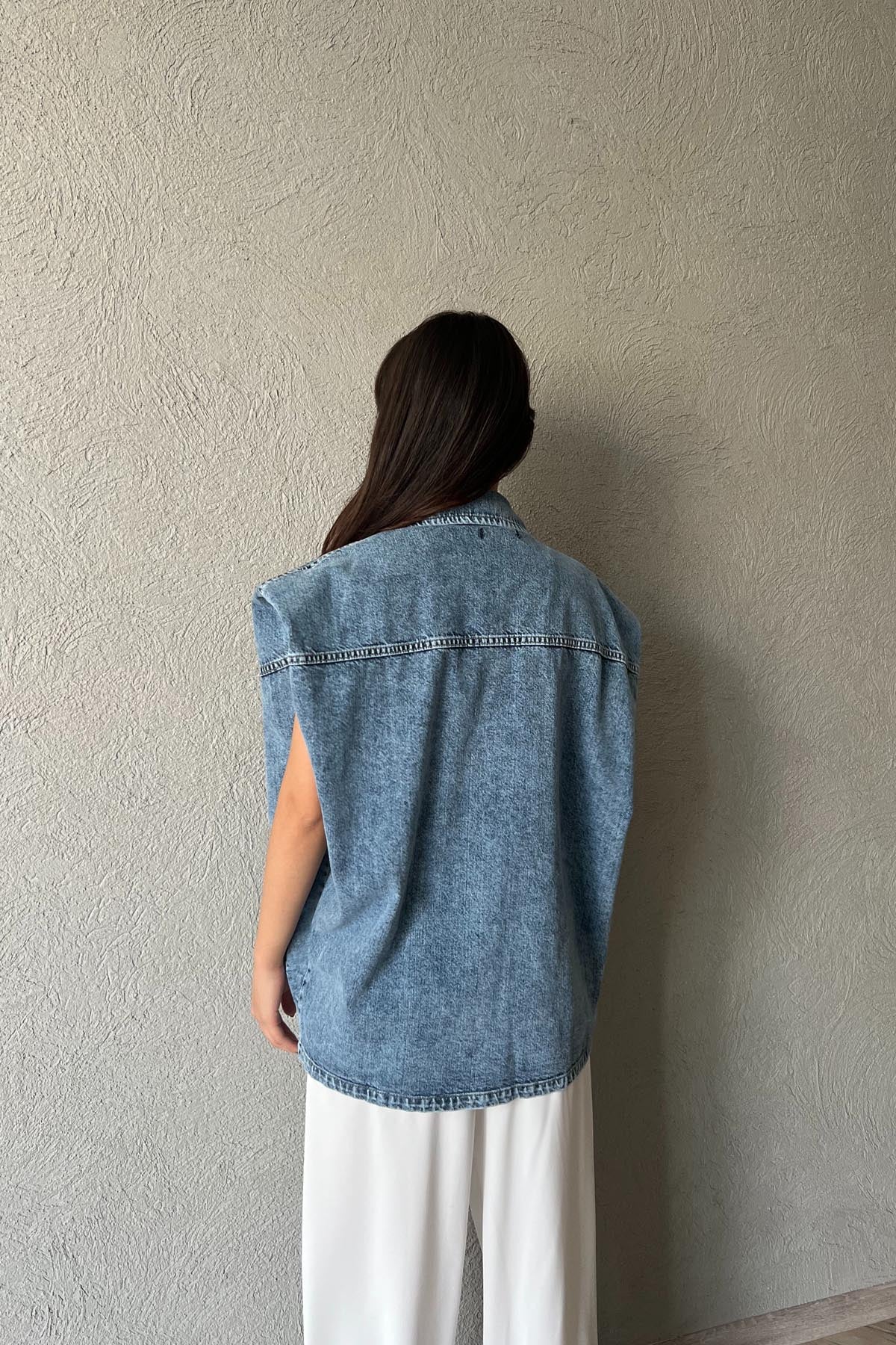 Açık Mavi Vatka Detaylı Önü Fermuarlı Denim Yelek SY-1733-Açık Mavi