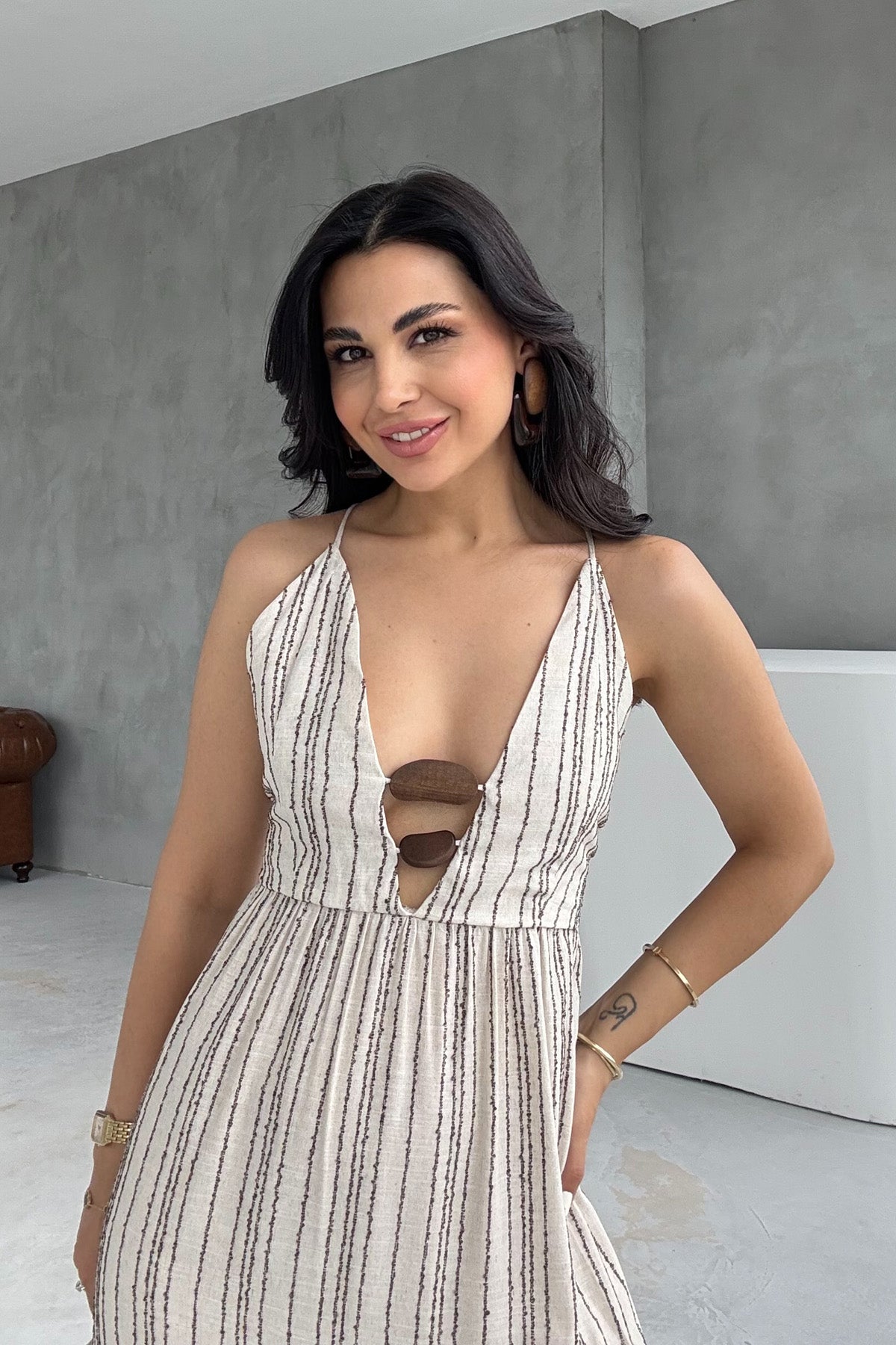 Kahve Boncuk Detaylı Elbise SY-3211-Kahve