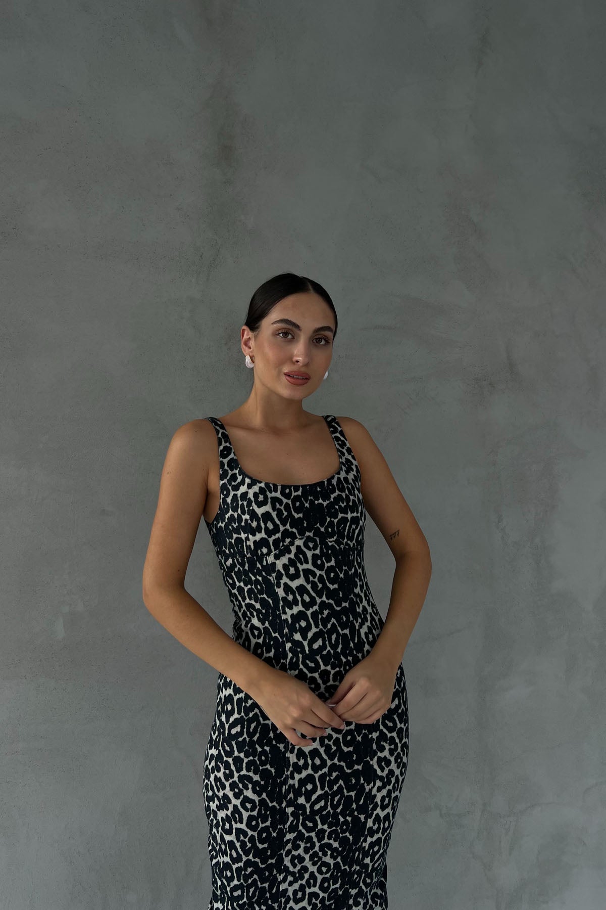 Leopar Arkası Yırtmaçlı Denim Elbise SY-2443-Leopar