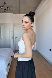 Siyah Poplin Üstü Beyaz Straplez Uzun Elbise SY-3019-Beyaz