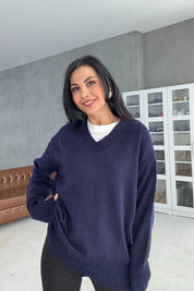 Lacivert V Yaka Oversize Pinterest Triko Kazak SY-3348-Lacivert