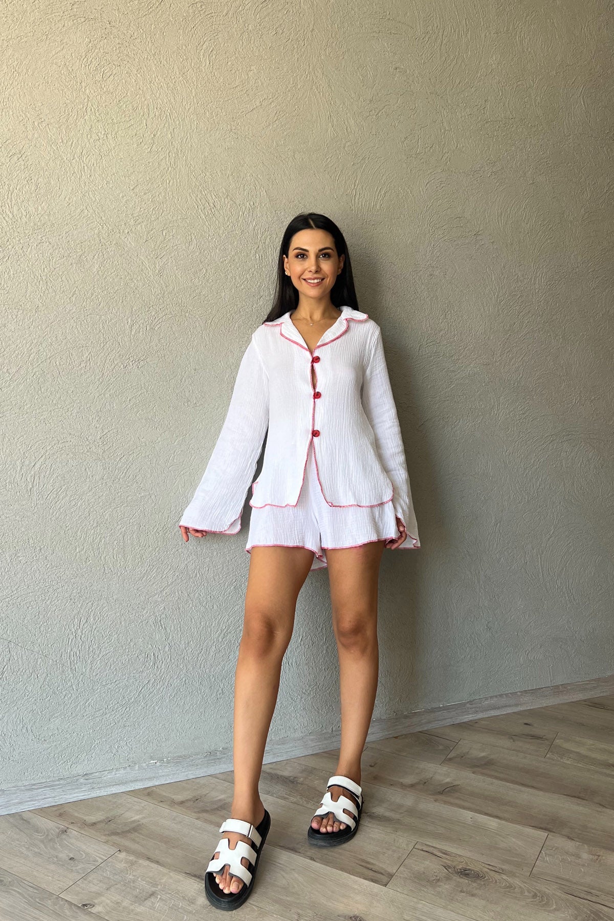 Kırmızı Çizgili Uzun Kollu Gipeli Şortlu Takım SY-2365-Beyaz