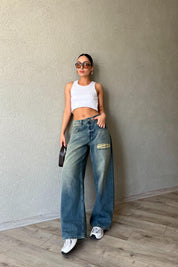Mavi Yüksek Bel Eskitme Yırtık Detaylı Straight Leg Jean SY-1835-Mavi