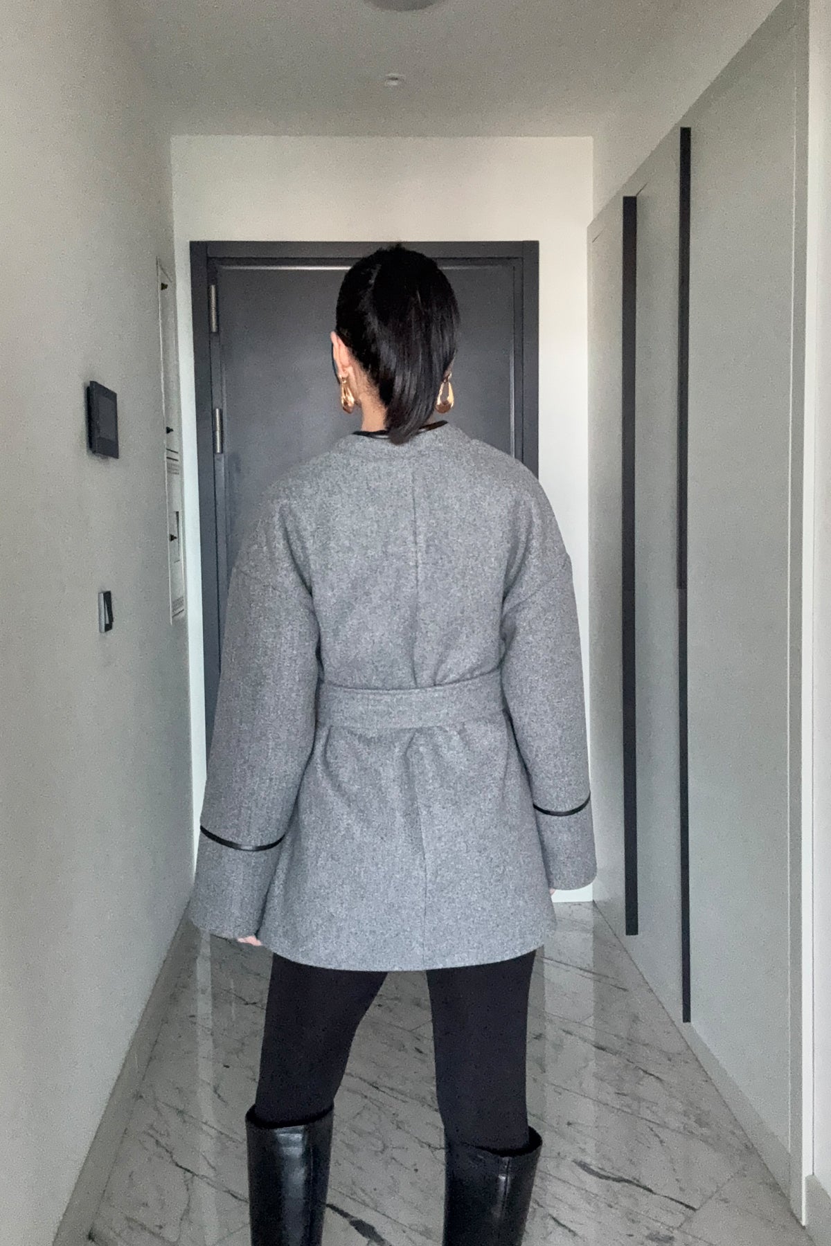 Gri Deri Biyeli Kemerli Palto Ceket SY-3484-Gri