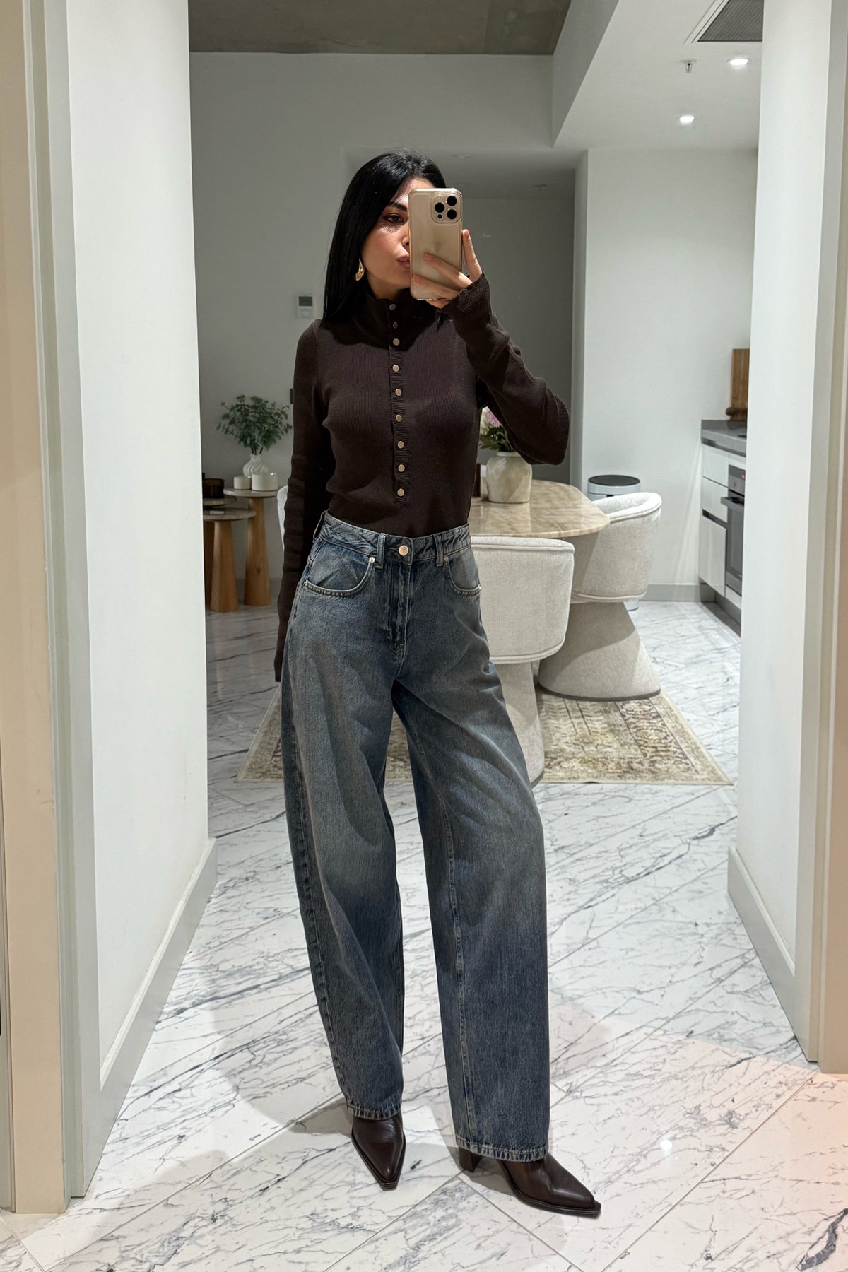 Kahve Dik Yaka Çıtçıtlı Triko Kazak SY-3502-Kahverengi