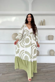 Yeşil Desenli Düşük Omuz Maxi Boy Elbise SY-2166-Yeşil