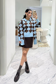 Kendinden Şallı Baklava Desenli Polo Yaka Triko SY-3563-Mavi