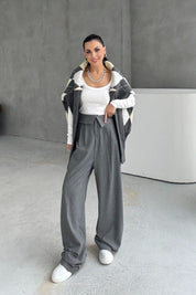 Gri Kıvrık Bel Detaylı Palazzo Pantolon SY-3411-Gri