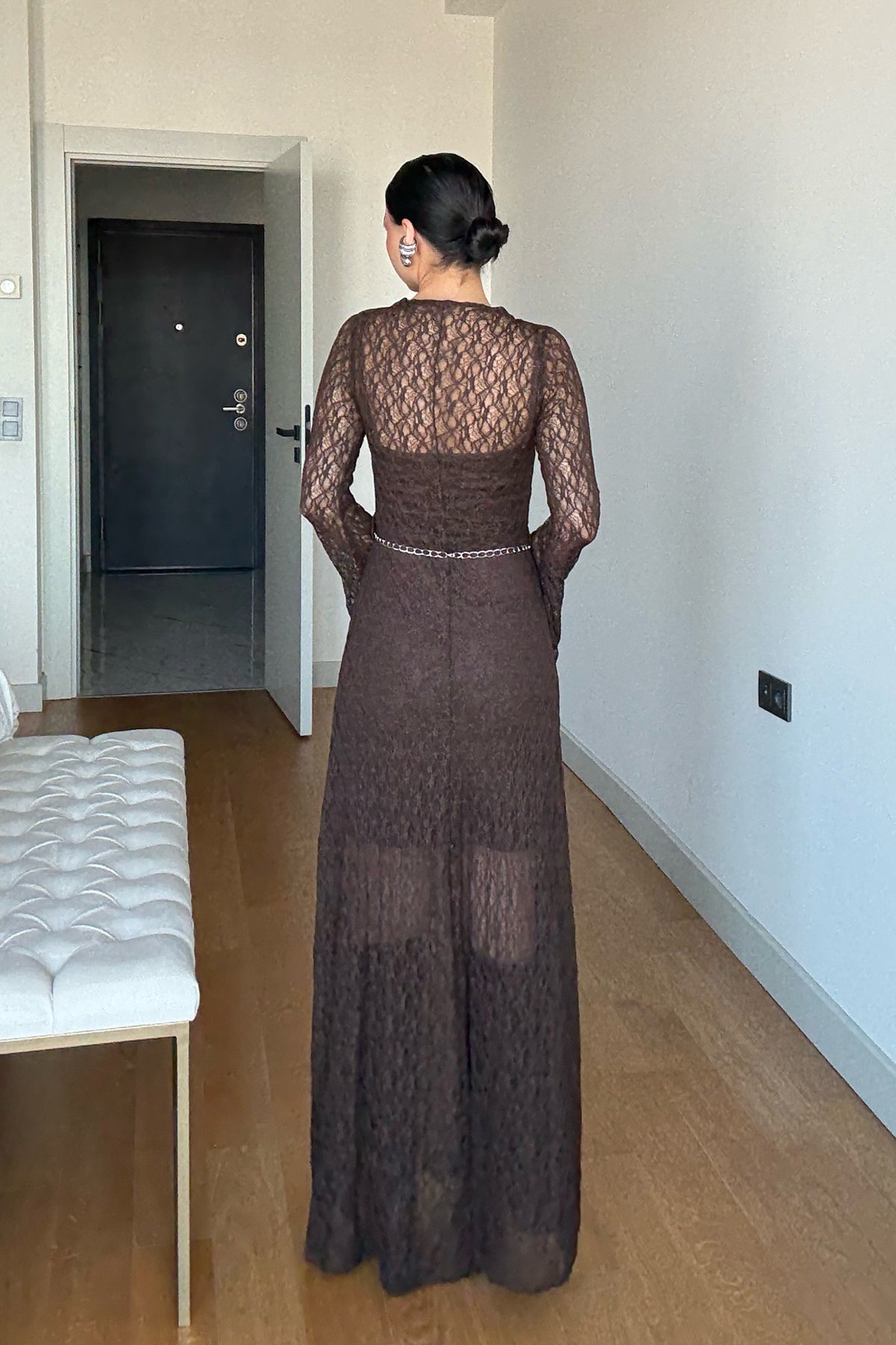 Kahverengi Dantel Detaylı Maxi Kemerli Elbise SY-3521-Kahverengi