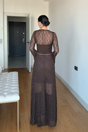 Kahverengi Dantel Detaylı Maxi Kemerli Elbise SY-3521-Kahverengi