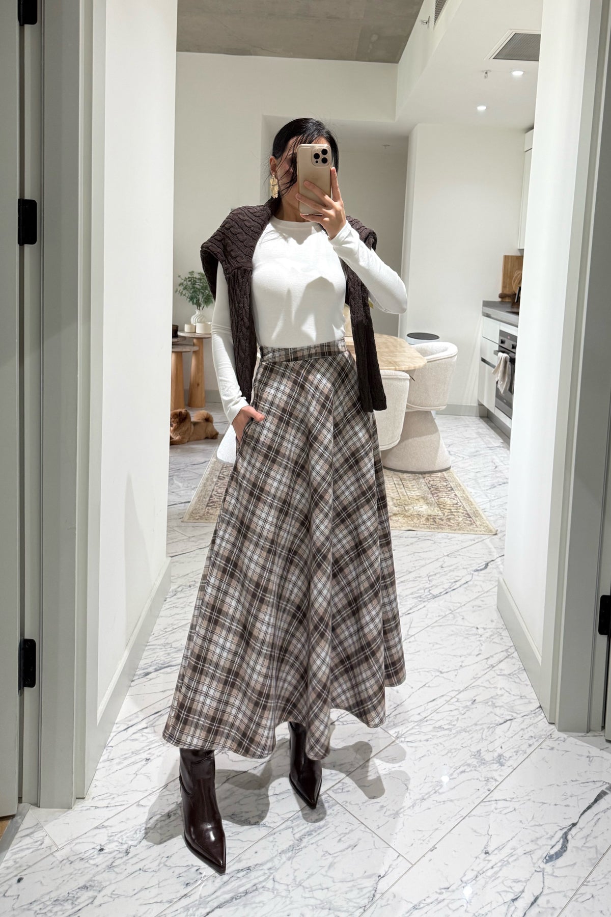 Kahve-Ekru Ekose Desenki Kloş Etek SY-3527-Ekru