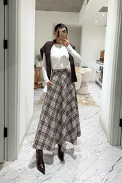 Kahve-Ekru Ekose Desenki Kloş Etek SY-3527-Ekru