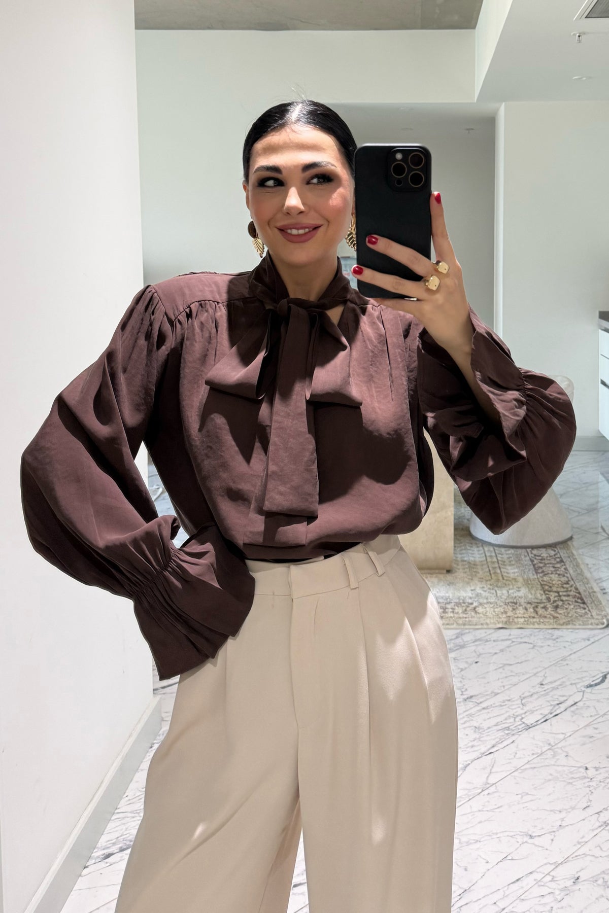 Vatkalı Şal Detaylı Kahverengi Bluz SY-3658-Kahverengi