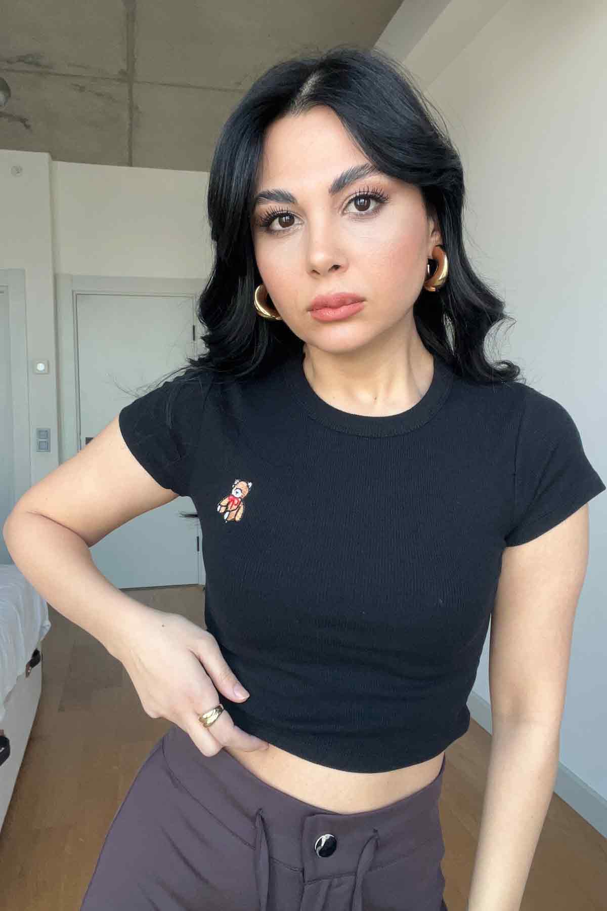 Siyah Ayıcık Nakışlı Crop SY-2971-Siyah