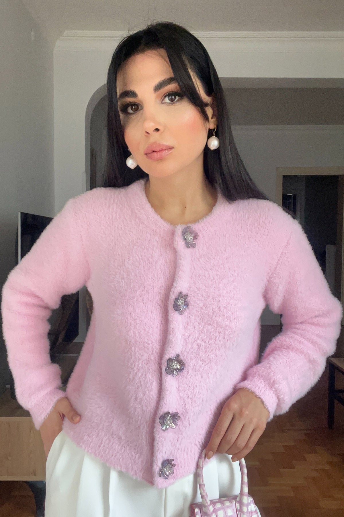 Pembe Çiçek Çıtçıtlı Yumoş Hırka SY-2836-Pembe