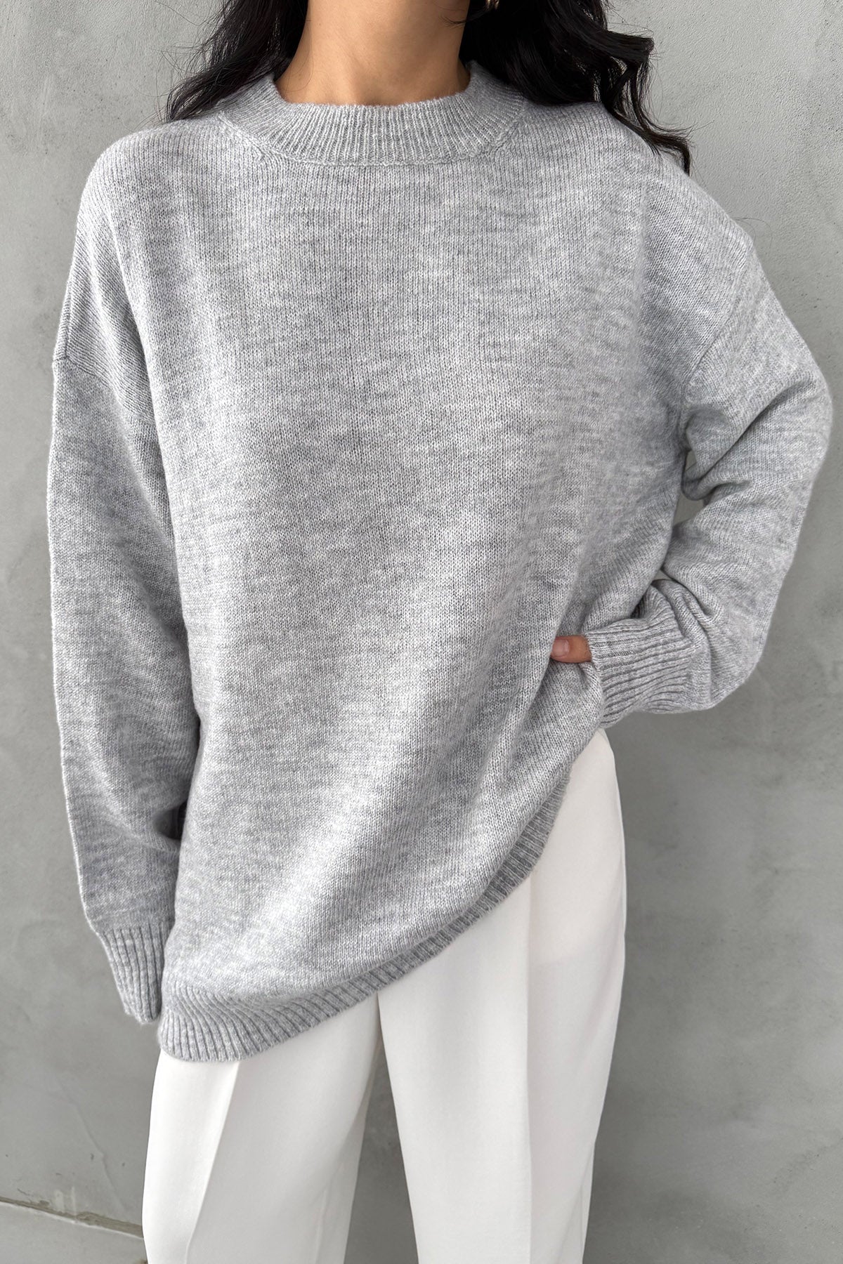 Gri Bisiklet Yaka Lastikli Pinterest Triko Kazak SY-3368-Gri