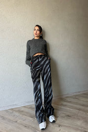 Siyah Zebra Desenli Beli Lastikli Bol Paça Saten Pantolon SY-1308-Siyah