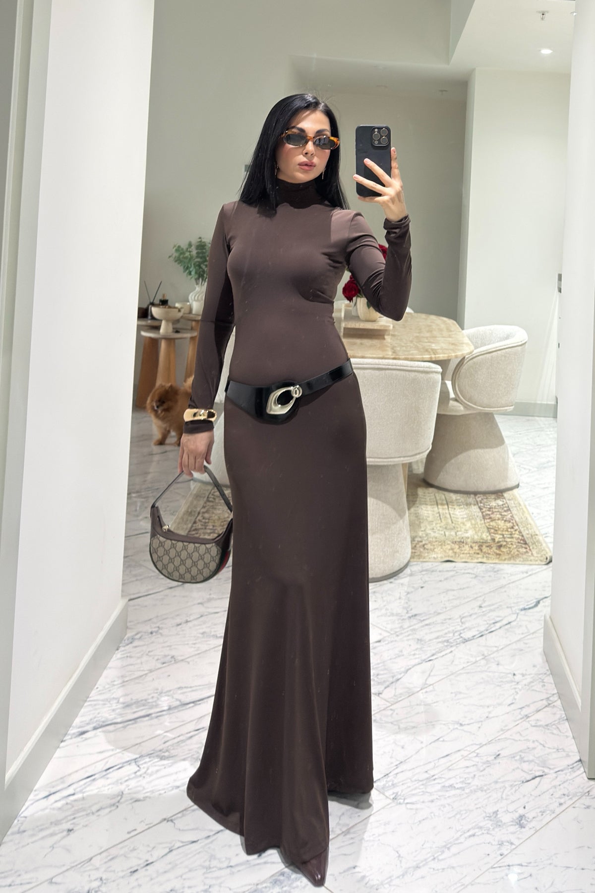 Kahve Kemer Detaylı Maxi Basic Elbise SY-3618-Kahverengi