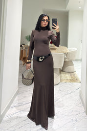 Kahve Kemer Detaylı Maxi Basic Elbise SY-3618-Kahverengi