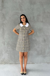 Sarı Ekoseli Bebe Yaka Gold Düğmeli Elbise SY-2544-Sarı