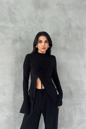 Siyah Büzgü Detaylı Uzun Kollu Bluz ve Salaş Pantolon Takım SY-2457-Siyah