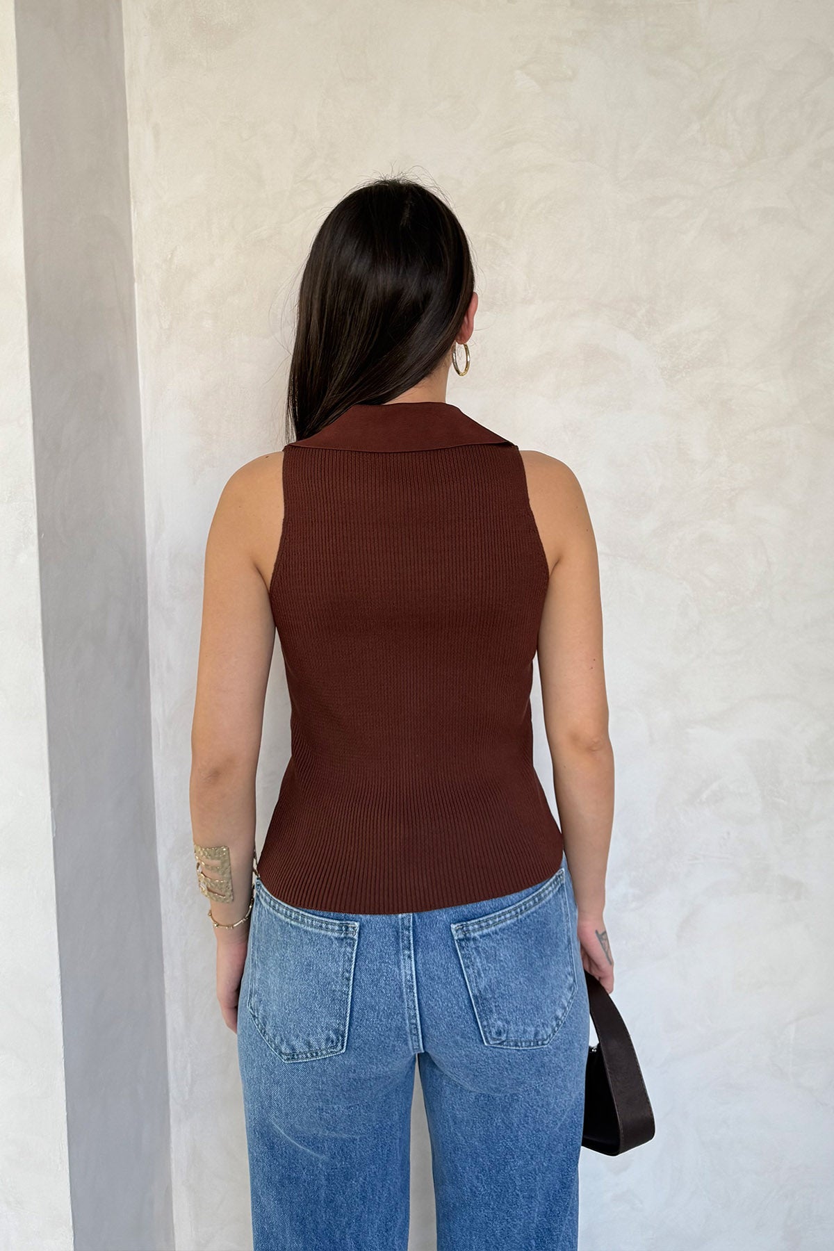 Kahverengi Sya Polo Yaka Triko Yelek SY-3081-Kahverengi