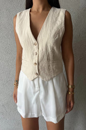 Krem Düğmeli Keten Yelek SY-2229-Krem