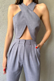 Gri Özel Tasarım Crop ve Pileli Bol Kesim Pantolon Takım SY-0511-Gri