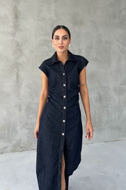 Koyu Lacivert Beli Büzgü Detaylı Düğmeli Denim Elbise SY-2493-Koyu Lacivert