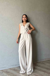 Taş Pile Detaylı Rahat Kesim Keten Pantolon SY-2097-Taş