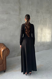 Siyah Kemerli Düğme Detay Uzun Elbise SY-2944-Siyah