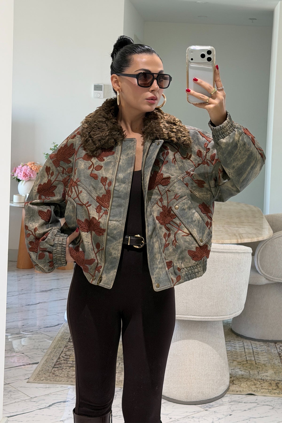 Çiçek İşlemeli Kürk Yakalı Denim Bomber Ceket Gri SY-3851-Gri