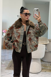 Çiçek İşlemeli Kürk Yakalı Denim Bomber Ceket Gri SY-3851-Gri