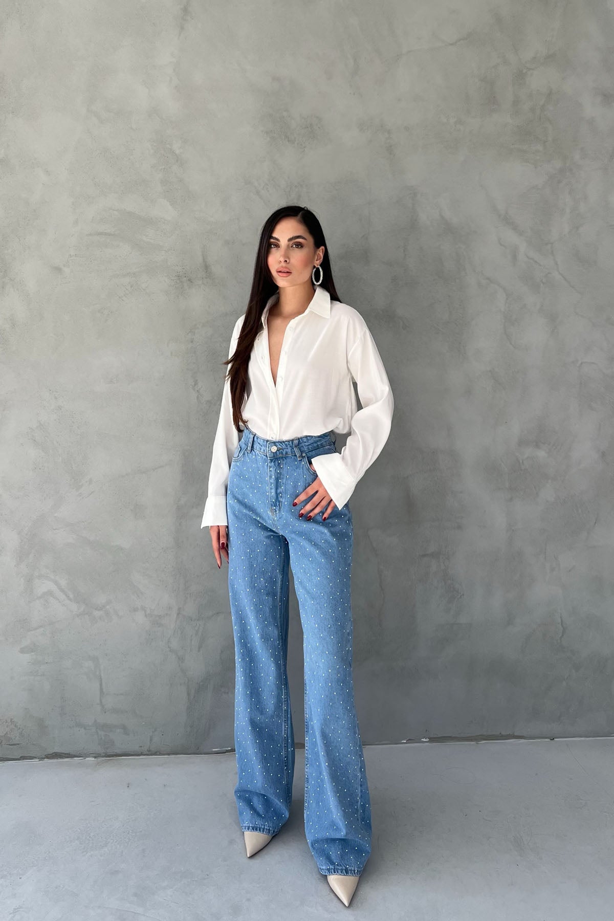 Mavi Önü Arkası Taş Detaylı Bol Paça Jean SY-2441-Mavi
