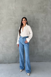 Mavi Önü Arkası Taş Detaylı Bol Paça Jean SY-2441-Mavi