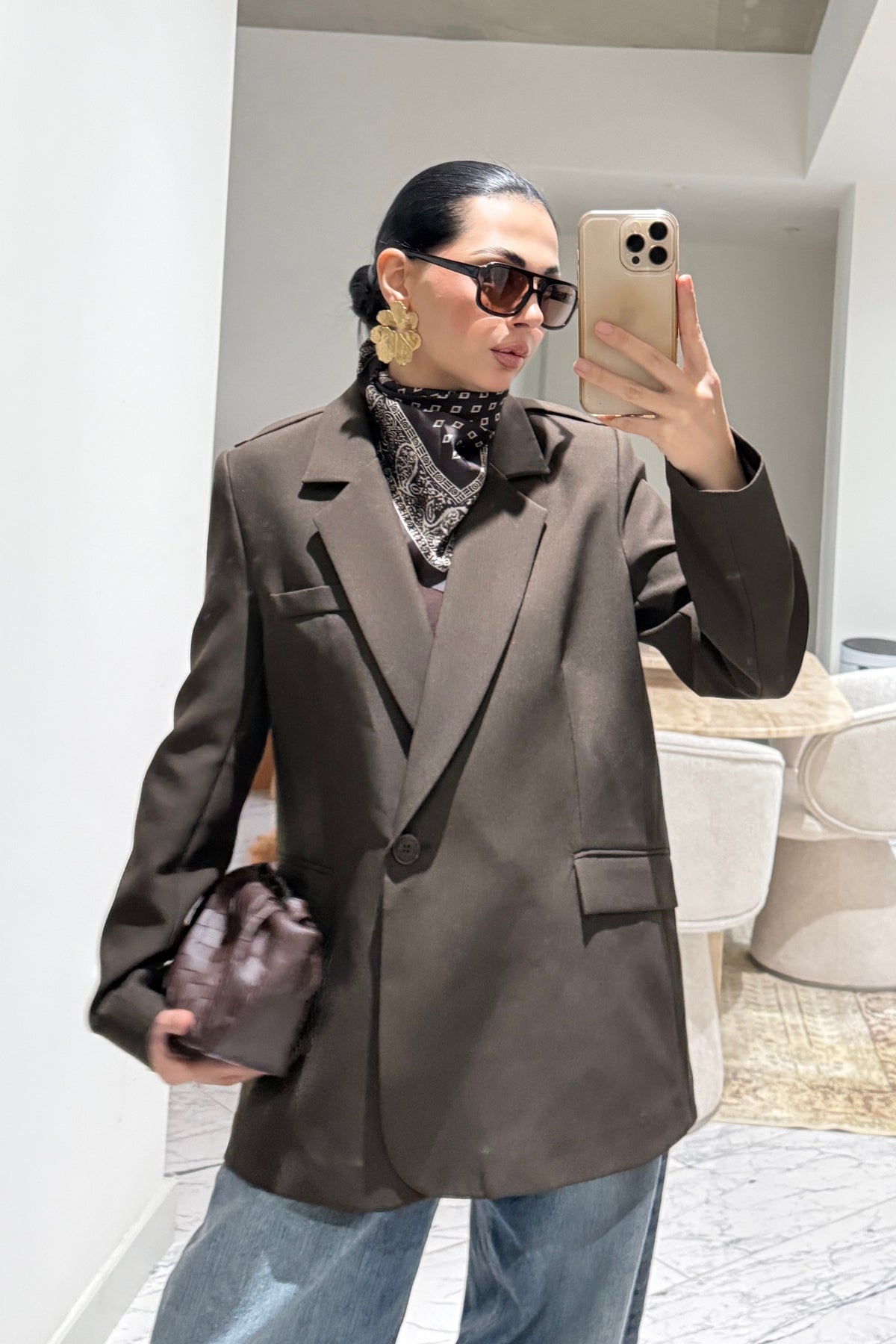 Kahverengi Şal Detaylı Blazer Ceket SY-3549-Kahverengi