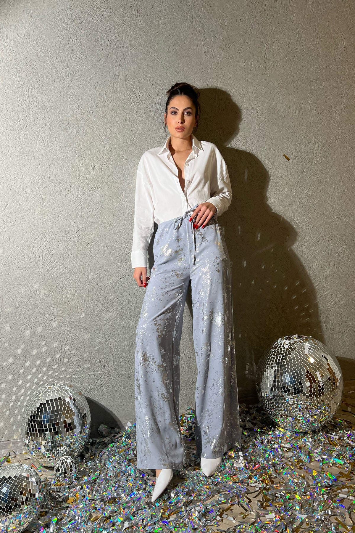 Gri Varak Baskılı Beli Lastikli Bol Paça Pantolon SY-1407-Gri