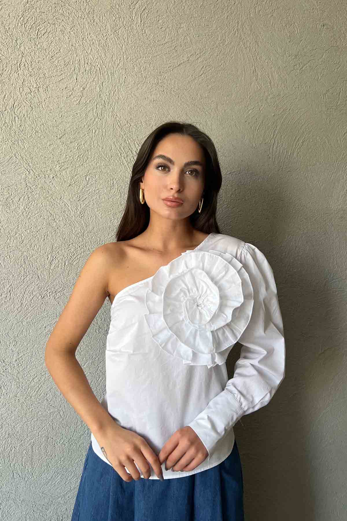 Beyaz Tek Omuz Özel Tasarım Gömlek SY-1736-Beyaz