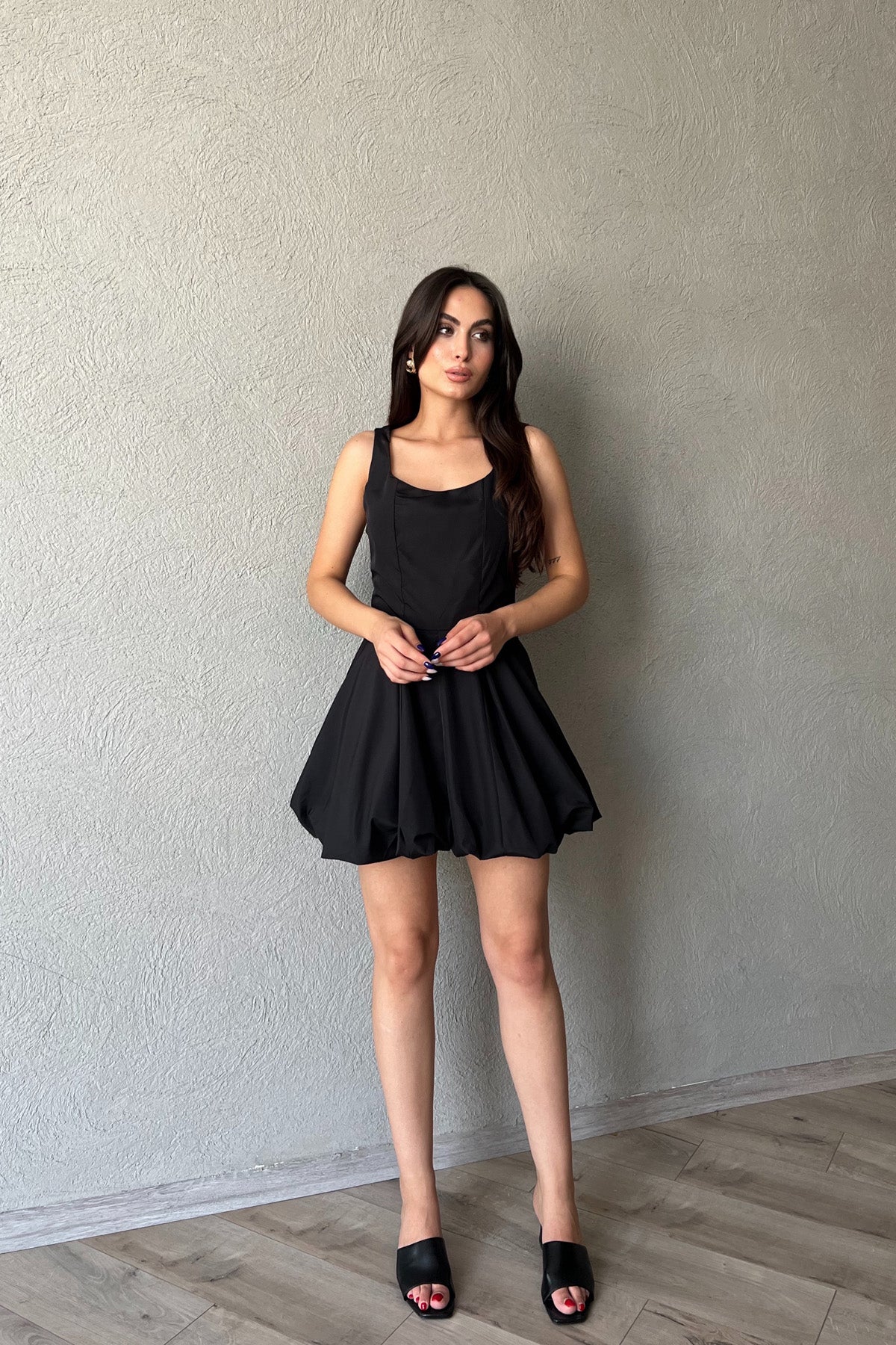 Siyah Balon Etek Mini Elbise SY-2214-Siyah