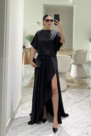 Siyah Saten Yırtmaçlı Elbise SY-3641-Siyah