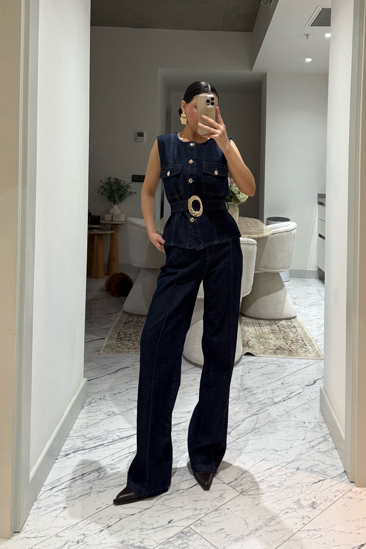 Gold Kemerli Denim Yelekli İkili Takım SY-3514-Lacivert