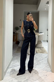 Gold Kemerli Denim Yelekli İkili Takım SY-3514-Lacivert