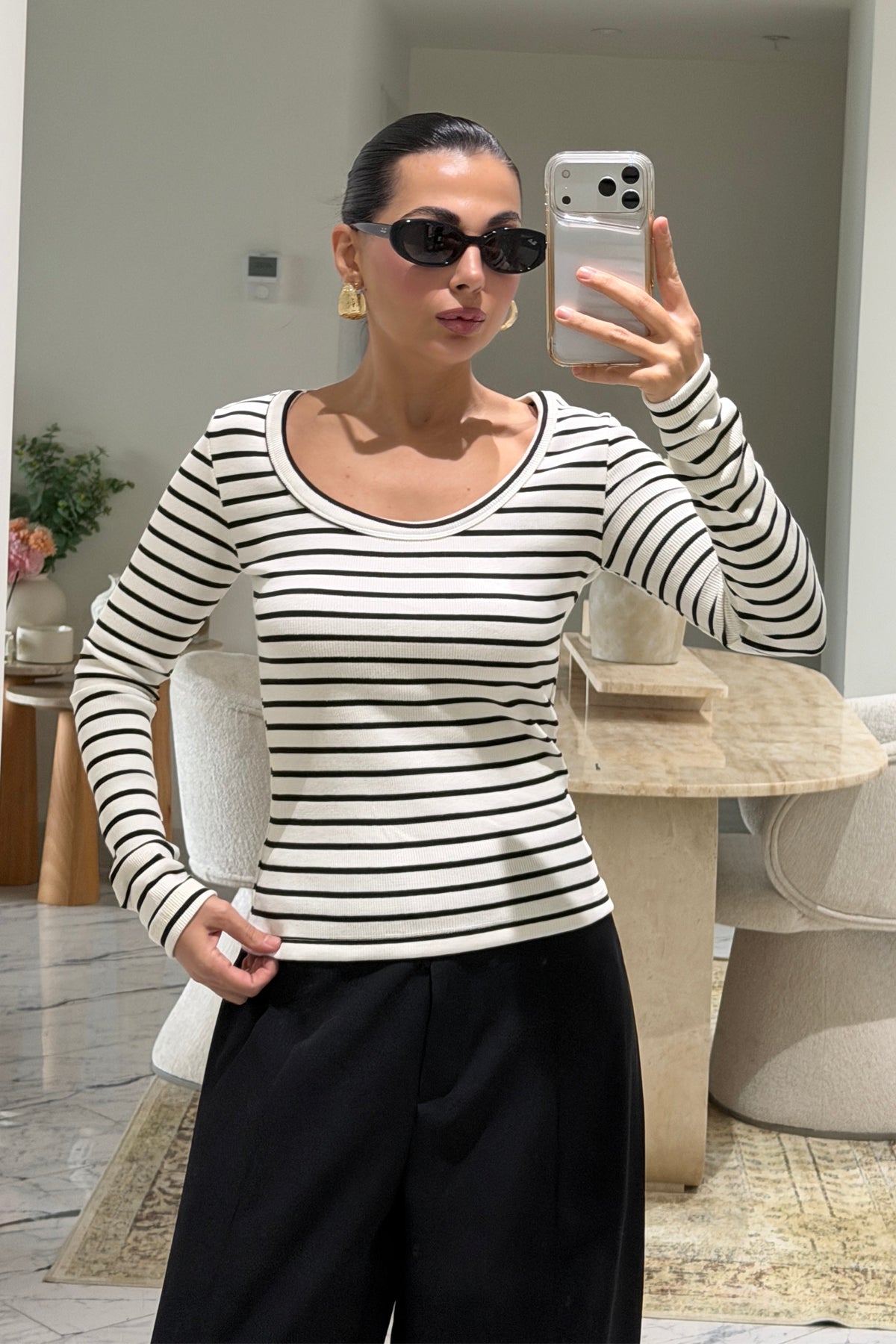 Uzun Kollu Fitilli Derin Bisiklet Yaka Çizgili Body SY-3412-Beyaz Çizgili