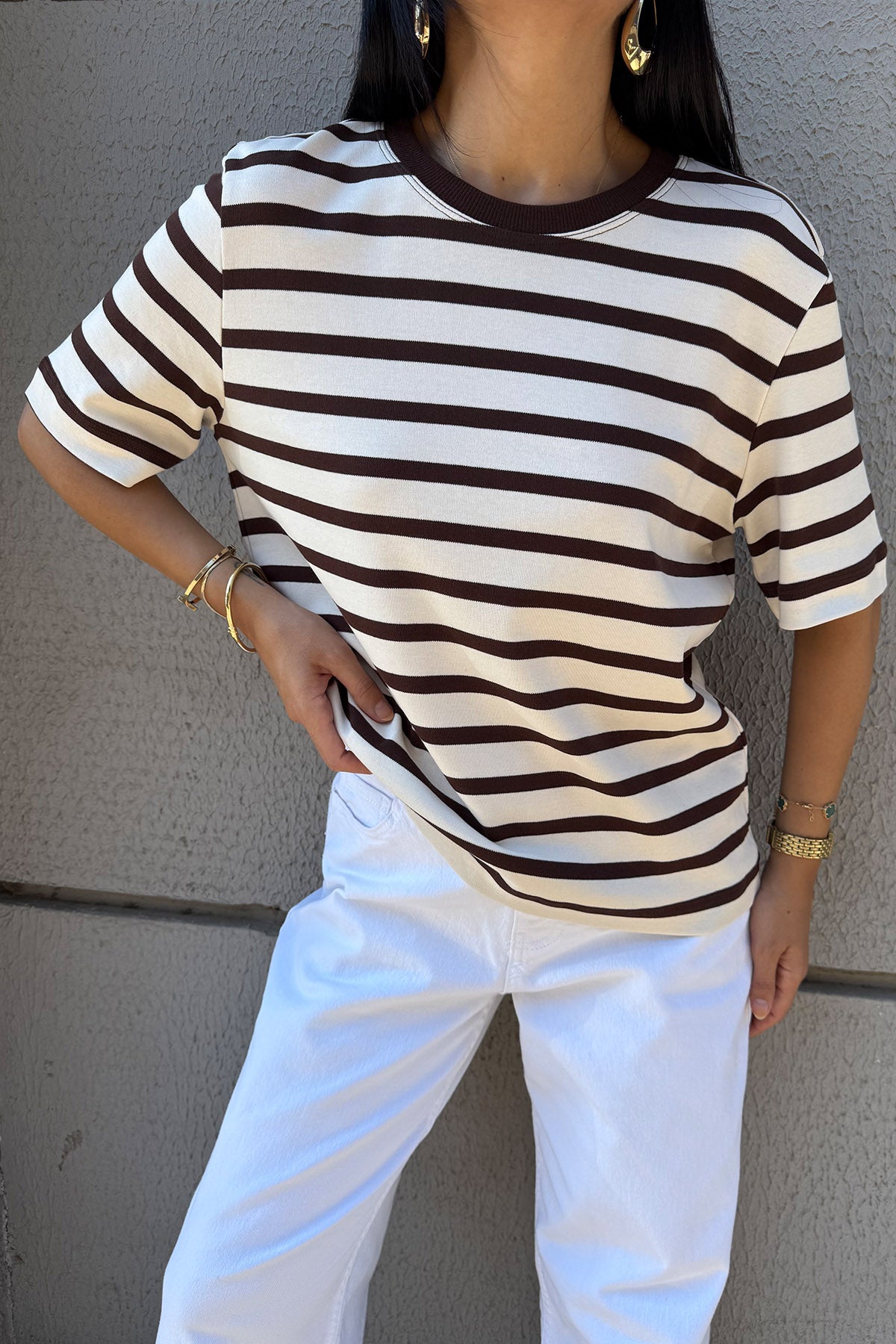 Bej Kahve Çizgili Pamuklu T-shirt SY-3313-Bej
