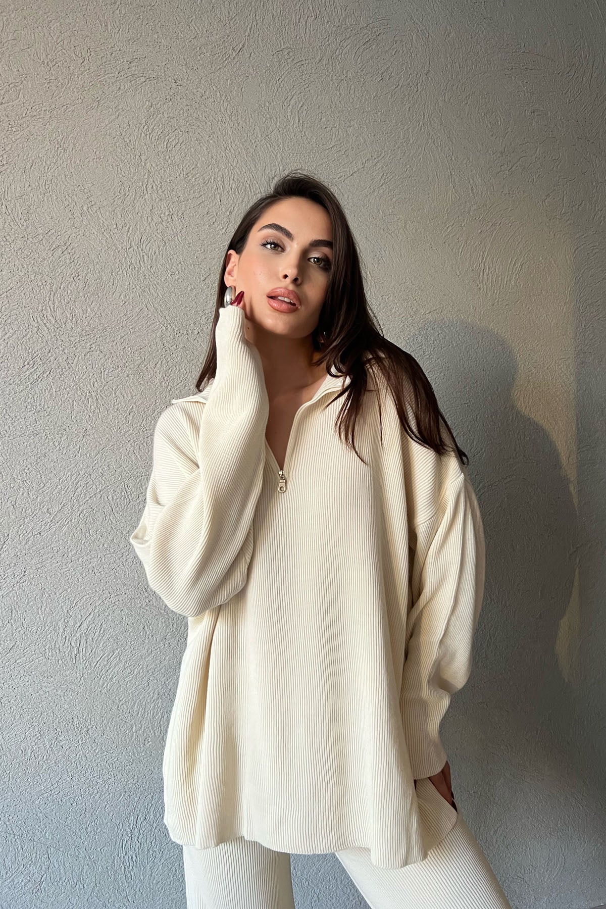 Krem Fermuarlı Fitilli Oversize Kazak ve Pantolon Takımı SY-1257-Krem