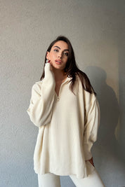 Krem Fermuarlı Fitilli Oversize Kazak ve Pantolon Takımı SY-1257-Krem