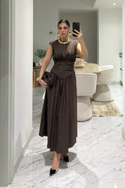 Pinterest Model Beli Drapeli Kahverengi Elbise SY-3610-Kahve