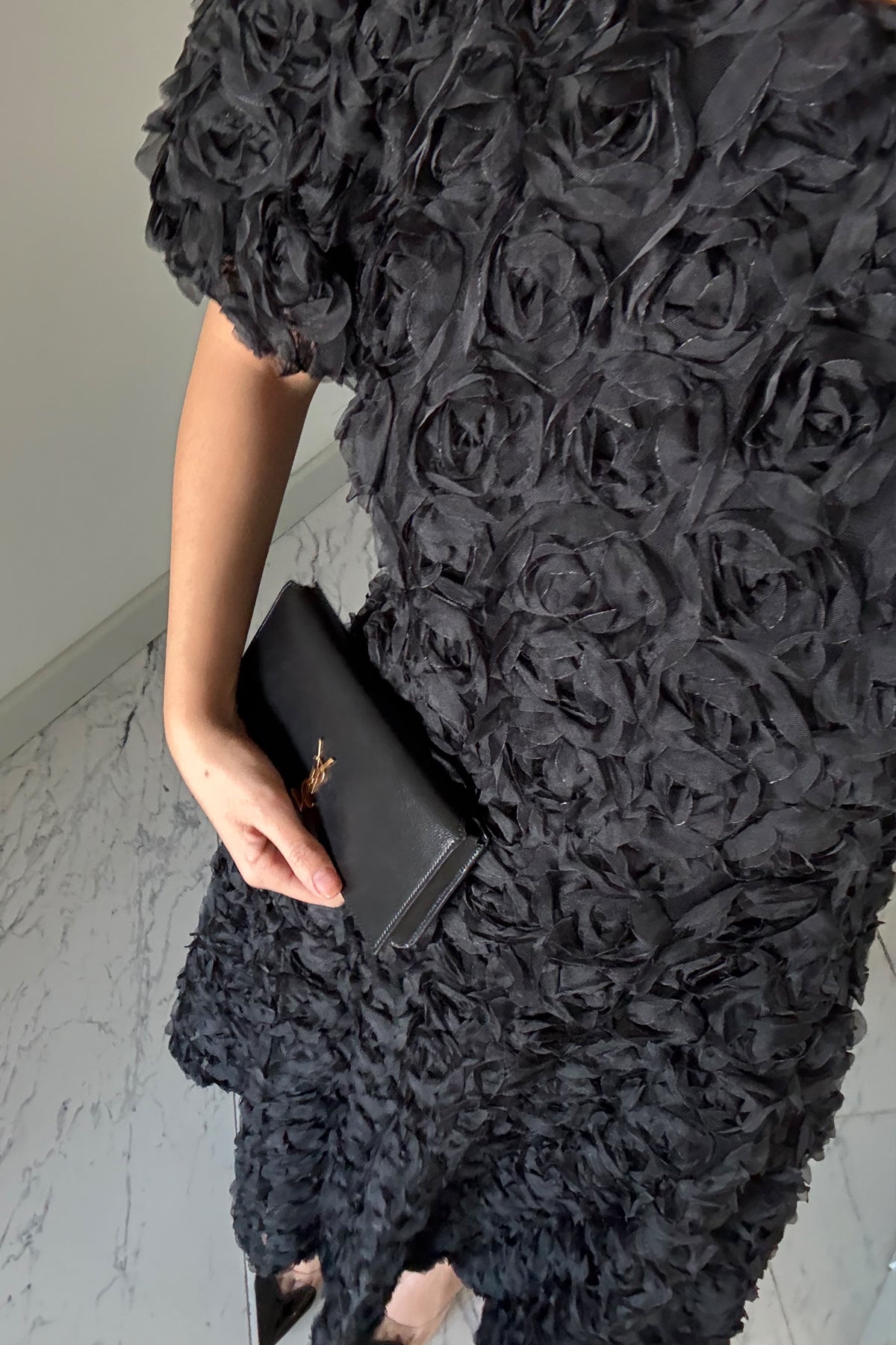 Gül Detaylı Siyah Rosella Özel Tasarım Elbise SY-3519-Siyah