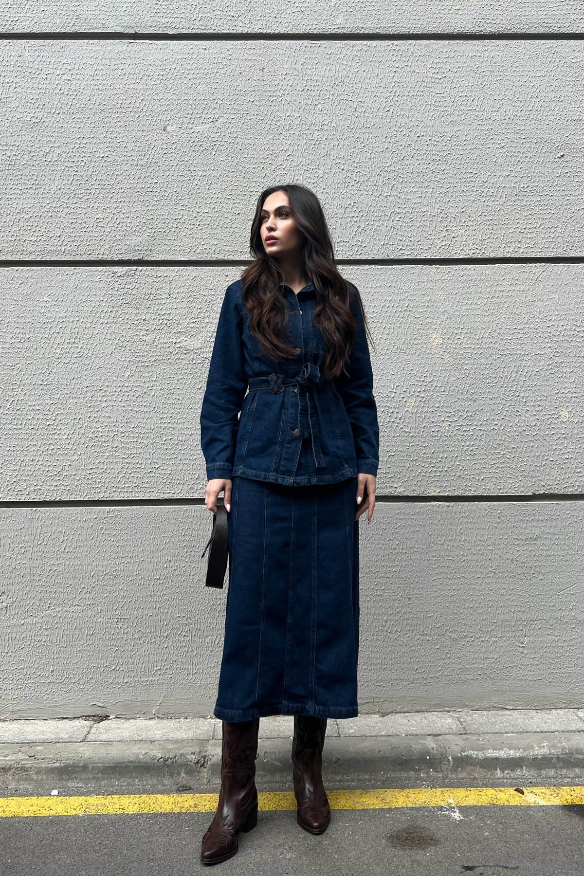 Koyu Lacivert Kemer Detaylı Etek Ceket Denim Takım SY-1574-Koyu Lacivert