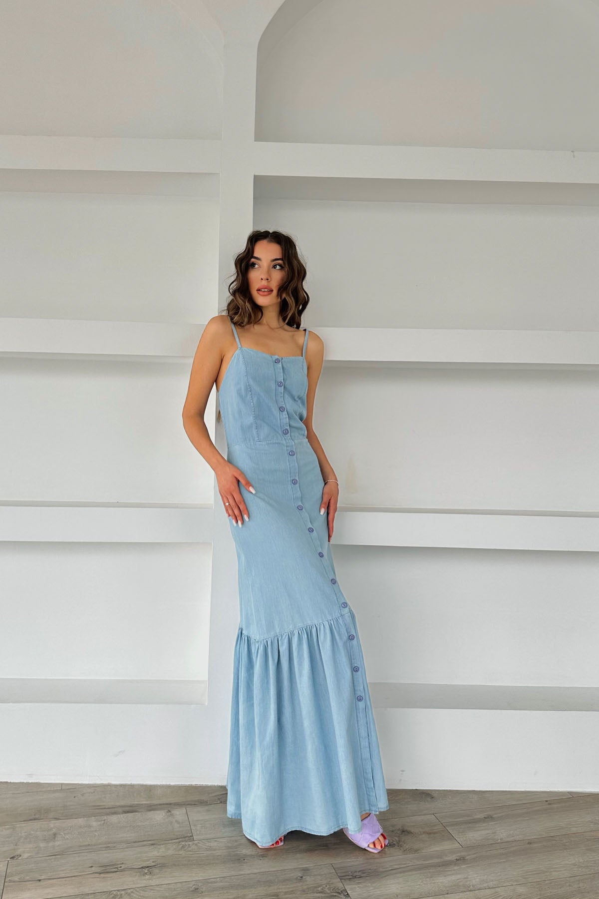 Seda Yalçın Atelier Naturel Askılı Triko Detay Keten Elbise SY-0392-Mavi